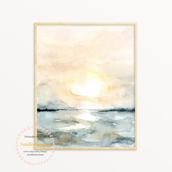 Sunrise Beach Paysage Imprimable Wall Art Abstrait instantané Télécharger Impression numérique Aquarelle Peinture Rose Bleu Océan Vertical