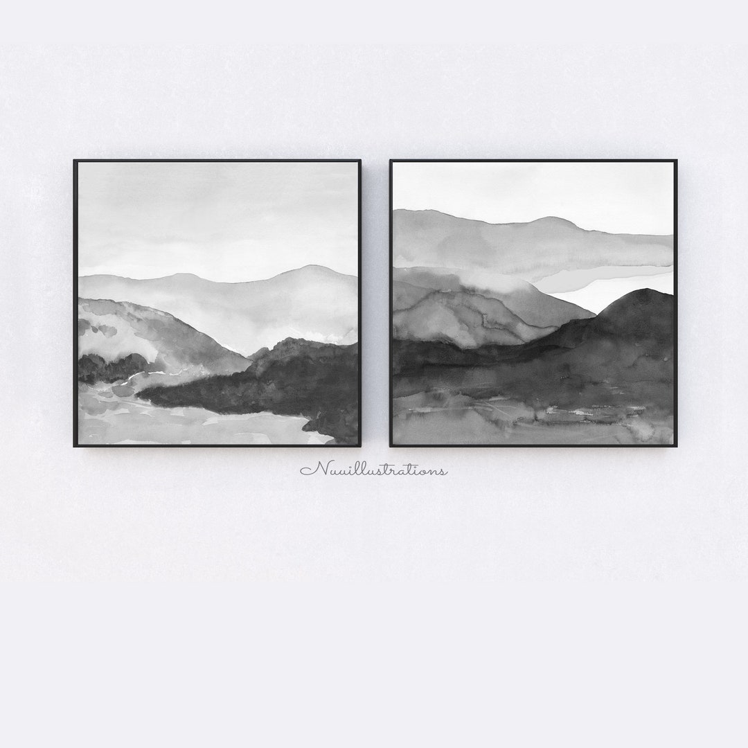 Black and White Minimalist Mountain Landscape Wall Art Set - Printable ...