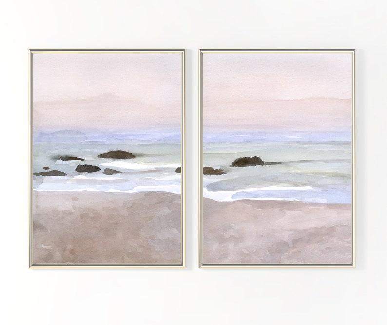 Misty Sea Beach Landscape Wall Art Print Watercolor Abstract Etsy
