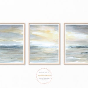 Soft Silver Sunset Landscape Printable Wall Art Abstract instant Download Beach Seascape Sea Watercolor Set of 3 Poster