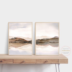 Neutral Brown Mountain Landscape Lake Reflection Printable Wall Art Set of 2 Abstract Art Instant Download Vertical Poster DIY Print