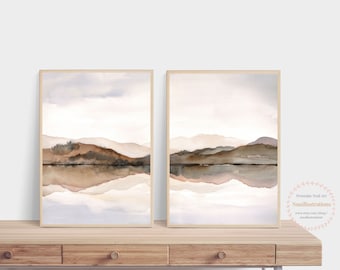 Neutral Brown Mountain Landscape Set – Watercolor Reflection Lake Art (Digital Download)