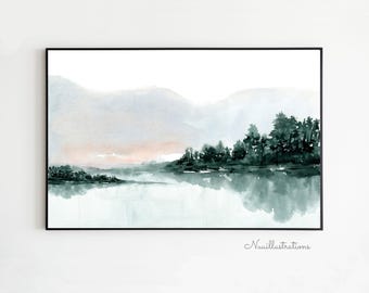 May include: A framed watercolor landscape print featuring a serene lake reflecting a line of dark green pine trees under a soft, pale sky with subtle peach and grey hues. The artwork is enclosed in a thin black frame and includes the text Nuuillustrations.