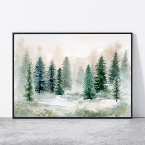 Pine Tree Printable Wall Art instant Download DIY Print Watercolor Painting Winter Landscape Artwork Forest Evergreen Tree Decor