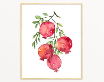 Watercolor Pomegranate Fruit Print, Kitchen Printable Wall Art, Red Botanical Decor, Vintage Food Illustration, Digital Download Poster