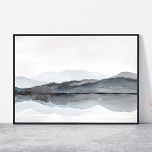 Neutral Landscape Mountain Lake (no.2) Printable Abstract Watercolor Wall Art Download Print Abstract Landscape Poster Gray Blue