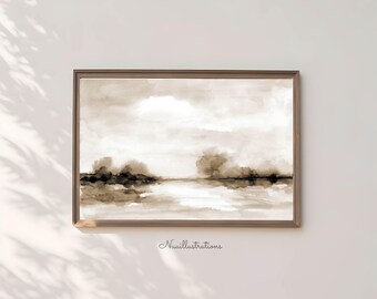 Paysage aquarelle sépia minimaliste et abstrait à imprimer - Téléchargement numérique - Peint à la main en brun monochrome