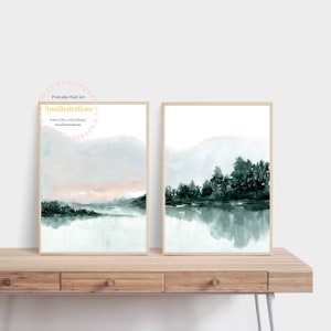 Watercolor Landscape Printable Wall Art Set of 2 Abstract Landscape Instant Download Lake Mountain Trees Blue Green Poster DIY Print