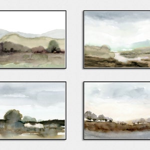 Landscape Print - Printable Wall Art Abstract Green Brown Field Bluish Gray Sky Instant Download Neutral Watercolor Hand Painted - Set of 4