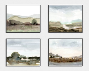 Ensemble d'affiches de paysages à l'aquarelle : Art mural imprimable à l'aquarelle aux tons neutres et apaisants (Téléchargement numérique)