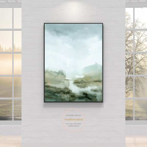 Large Abstract Green Landscape Printable Wall Art Downloadable Print Digital Download Print Watercolor Painting - Misty Green Full View