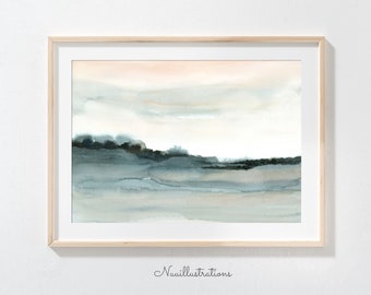 Neutral Landscape Printable Wall Art Minimal Quiet Serene Abstract instant Download Print Watercolor Painting - Indigo - Green - Peach