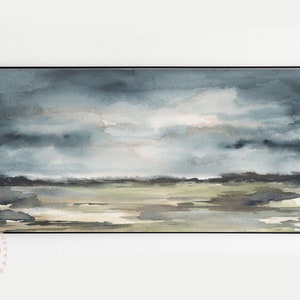 Panoramic Neutral Abstract Landscape Printable Wall Art Gray Watercolor Print Digital Download Dark Stormy Night Art