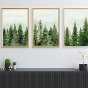 Pine Tree Printable Wall Art instant Download Green Tree Print Watercolor Painting Evergreen Tree Landscape Forest House Decor Set of 3