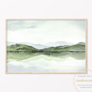 Green Landscape Mountain Lake Reflection Printable Wall Art Abstract Watercolor Landscape Downloadable DIY Print Poster