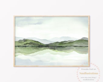 Green Landscape Mountain Lake Reflection Printable Wall Art Abstract Watercolor Landscape Downloadable DIY Print Poster