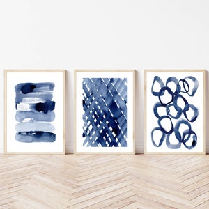 Blue Abstract Watercolor Print Set of 3 Printable Wall Art Instant Digital Download Geometric Brush Stroke - indigo Navy Blue Print Poster