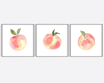Watercolor Peach Printable Fruit Art Print Peach Wall Art instant Download Kitchen House Decor Downloadable Botanical Food Art Set of 3