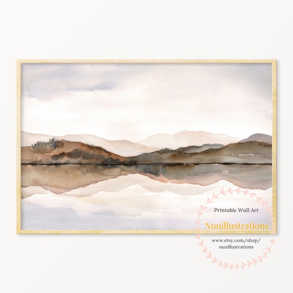 Neutral Landscape Mountain Lake Print Abstract Watercolor Printable Wall Art Downloadable Abstract Landscape Poster Gray Brown Medium Sizes