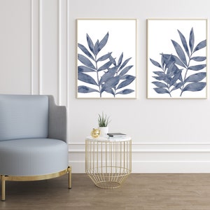 Blue Plant Printable Wall Art Set of 2 indigo Leaf Print Botanical Instant Download Digital Watercolor Painting Greenery Art vertical