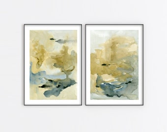 Abstract Watercolor Print Neutral Wall Art Printable Instant Digital Download Home Decor Modern Watercolor Painting Khaki Blue Set of 2