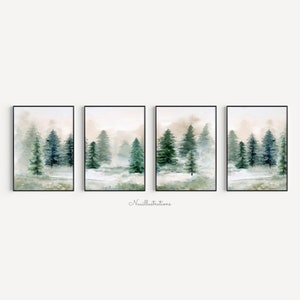 Winter Pine Tree Printable Wall Art Set of 4 instant Download Print Watercolor Painting Christmas Landscape Forest Evergreen Tree Decor