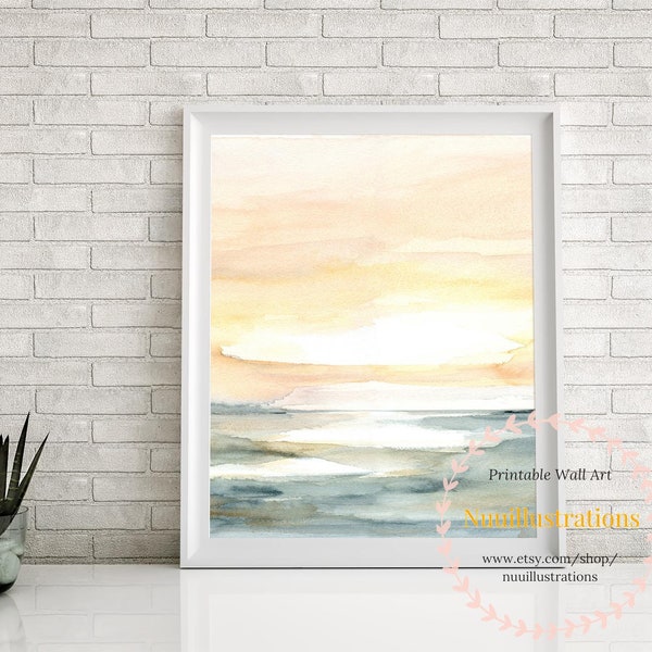 Sunrise Beach Landscape Print Sea Printable Wall Art Abstract instant Download Seascape Watercolor Peach Blue Ocean Sunset Sea Image #2