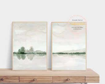 Neutral Landscape Print Set of 2 Minimal Abstract instant Download DIY Printable Wall Art Watercolor Painting - Soft Gray and Taupe Poster