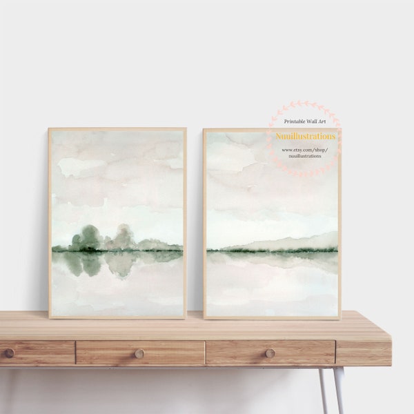 Neutral Landscape Print Set of 2 Minimal Abstract instant Download DIY Printable Wall Art Watercolor Painting - Soft Gray and Taupe Poster