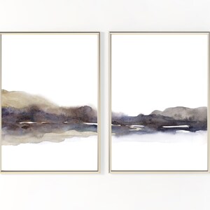 Neutral Mountain Landscape Print Set of 2 Minimal Abstract Printable Wall Art instant Download Digital Watercolor Painting Brown Blue