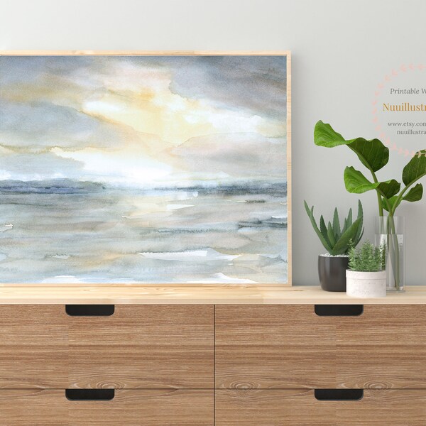 Soft Silver Sunset Landscape Printable Wall Art Abstract instant Download Beach Seascape Sea Watercolor Horizontal Poster