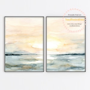 Sunrise Beach Landscape Printable Wall Art Abstract instant Download DIY Print Watercolor Digital File Blush Blue Ocean Sunset Sea Set of 2 image 5