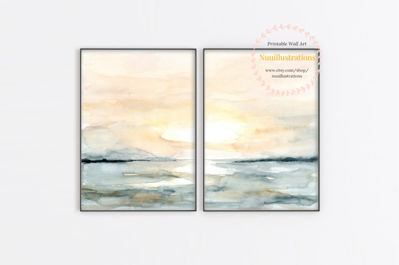 Sunrise Beach Landscape Printable Wall Art Abstract instant Download DIY Print Watercolor Digital File Blush Blue Ocean Sunset Sea Set of 2 image 5