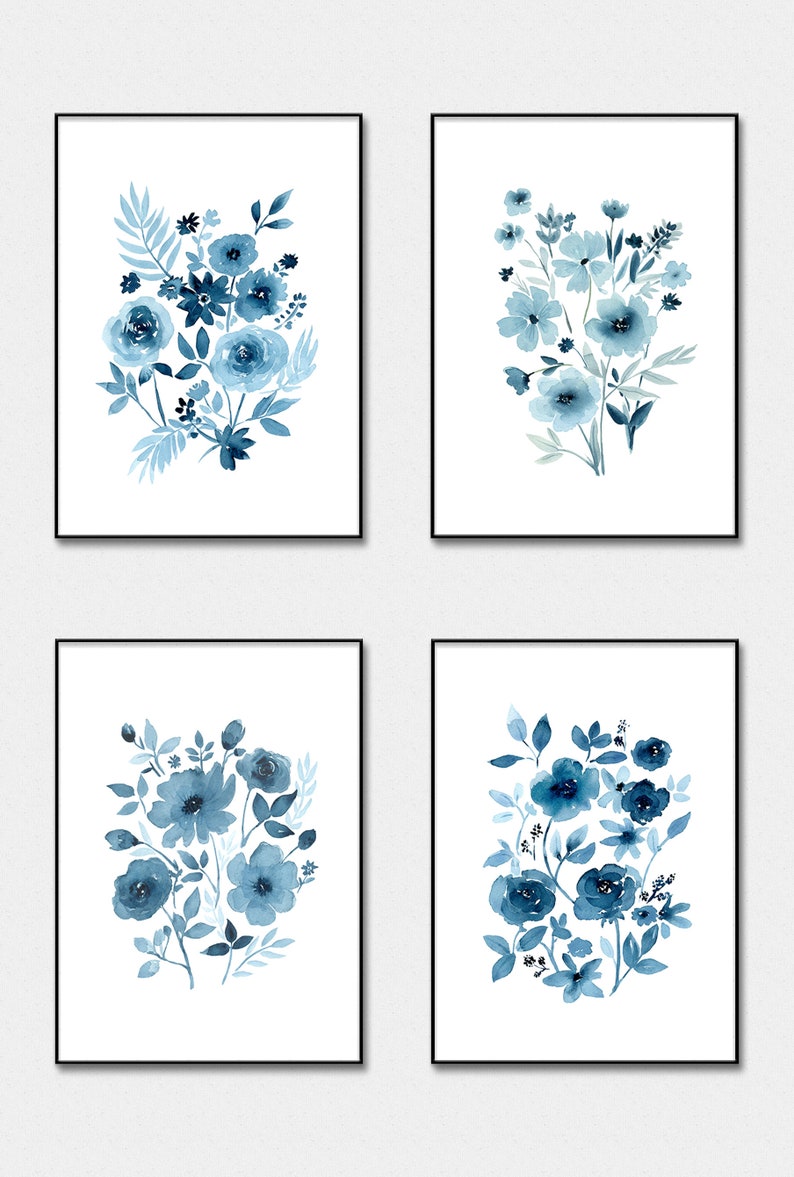 White and Blue Flower Print Set Printable Wall Art Floral Etsy