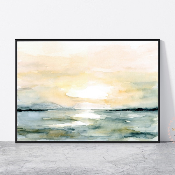 Lever du soleil coucher de soleil plage paysage imprimable mur Art abstrait océan téléchargement instantané impression aquarelle peinture fichier numérique horizontal