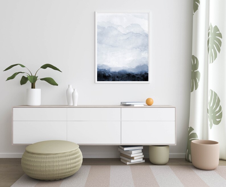 Blue Landscape Wall Art Print Minimal Abstract Monotone Etsy