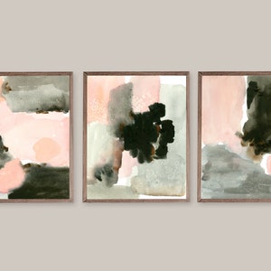 Blush Pink Abstract Print Wall Art Printable Instant Digital Download Patches Brush Stroke Watercolor Painting - Blush Pink Black SET of 3