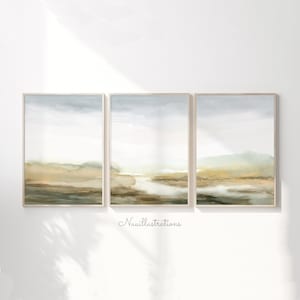 Landscape Printable Wall Art Abstract Misty Landscape Minimal Print Set Downloadable Watercolor Neutral Gray Brown - Hand Painted Set of 3