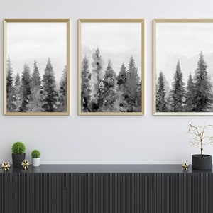 Pine Tree Printable Wall Art instant Download Black and White Print Watercolor Painting Tree Landscape Forest House Decor Set of 3 Gray Art
