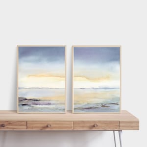 Abstract Landscape Printable Sunrise Ocean Print Sea Beach Wall Art instant Download Print Watercolor Blue Yellow Sunset Sea Set of 2