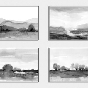 Abstract Landscape Watercolor Print Set of 4 Printable Black Gray White Wall Art Downloadable Monotone Landscape Poster Scenery Horizontal