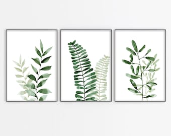 Fern Print Plant Leaves Printable Botanical Wall Art Downloadable Watercolor Fern and Leaf Greenery Art Green leaves illustration Set of 3