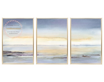 Abstract Landscape Printable Sunrise Ocean Print Sea Beach Wall Art instant Download Print Watercolor Blue Yellow Sunset Sea Set of 3