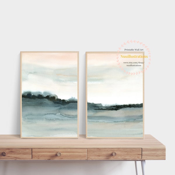 Neutral Cool Green Blush Landscape Printable Wall Art Minimal Abstract instant Download Print Digital File Watercolor Painting Set of 2