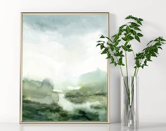 Neutral Misty Green Landscape Print Printable Abstract Landscape Digital instant Download DIY Print Wall Art Watercolor Painting