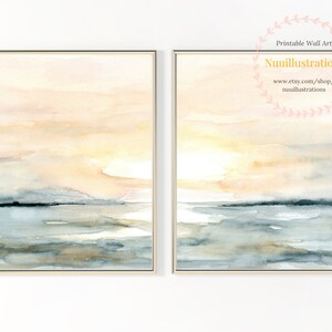 Sunrise Beach Landscape Printable Wall Art Abstract instant Download DIY Print Watercolor Digital File Blush Blue Ocean Sunset Sea Set of 2 image 3