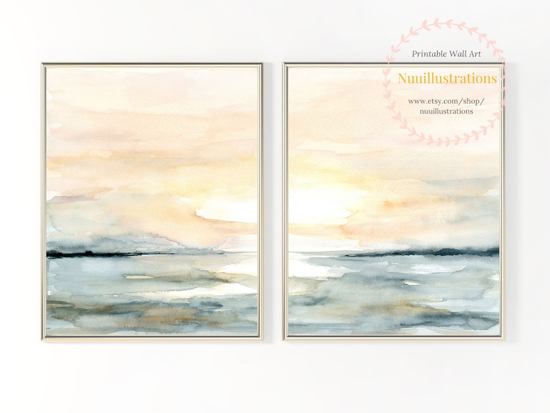 Sunrise Beach Landscape Printable Wall Art Abstract instant Download DIY Print Watercolor Digital File Blush Blue Ocean Sunset Sea Set of 2 image 3