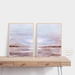 Blue Sky Beach Ocean with Sun Printable Wall Art Abstract instant Download Seascape Landscape Print Watercolor Set of 2