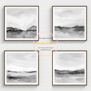 Watercolor Landscape Print Set of 4 Printable Black and White Wall Art Downloadable Minimal Abstract Neutral Gray Poster Scenery - Square