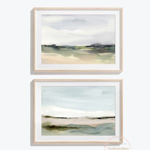 水彩風景画プリント - 印刷可能な壁アート抽象風景画ダウンロード - ニュートラルな土地と空の水平ポスター 2 枚セット - L2and3